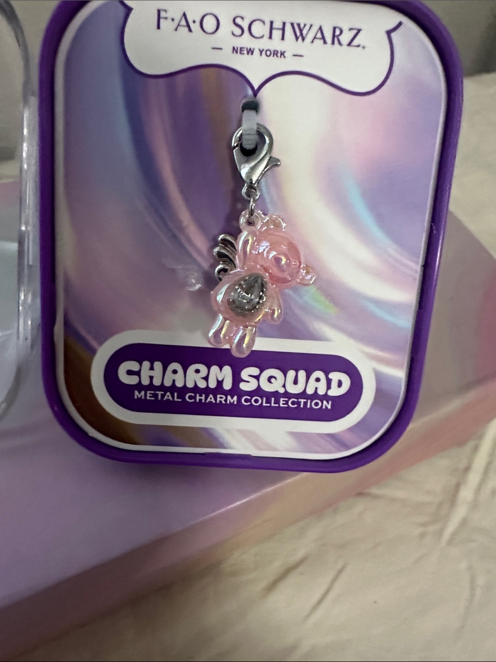 FAO Schwarz Pink Teddy Bear Charm with Silver Clasp and wings NWT